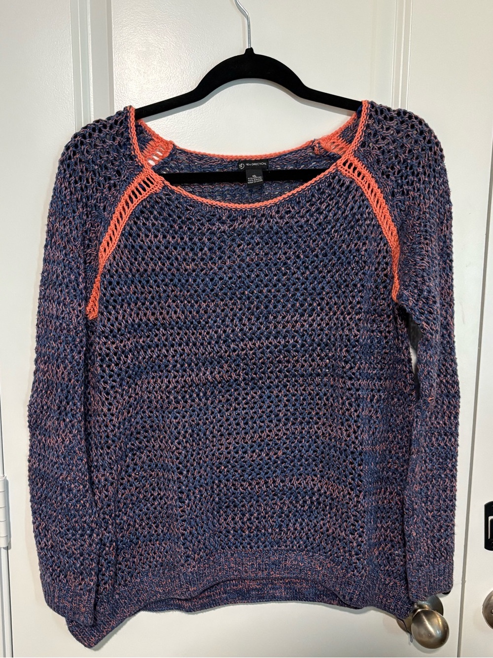 New Directions Navy Coral Open Knit Raglan Sweater Size XL